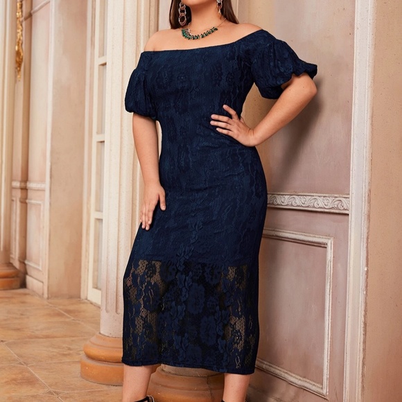 Plus Off Shoulder Floral Puff Sleeve Evening Wedding Dress - Picture 5 of 7